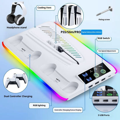ROS PS5 Multi-Function Cooling Stand & Charging Dock (Slim/PRO Compatible)